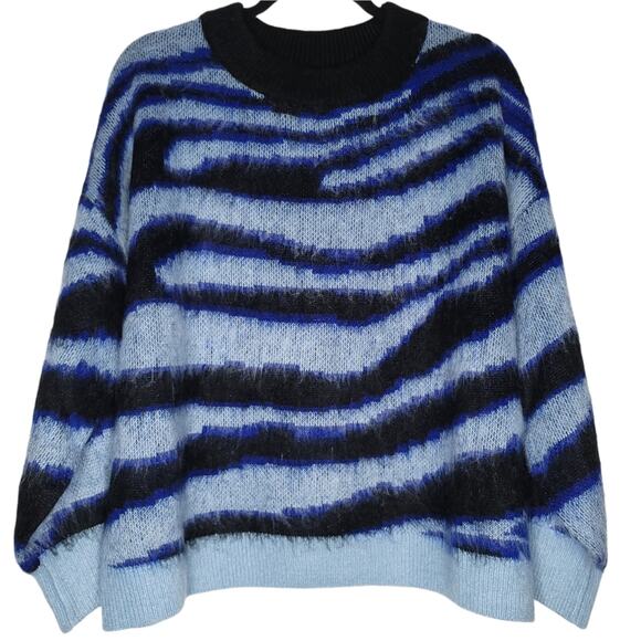 Anthropologie Salma Striped Whisper Soft Eyelash Sweater Blue Motif, Size 1X - Picture 1 of 12
